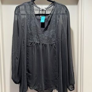 Dark Grey Lace-Trim V-Neck Long-Sleeve Womens Top